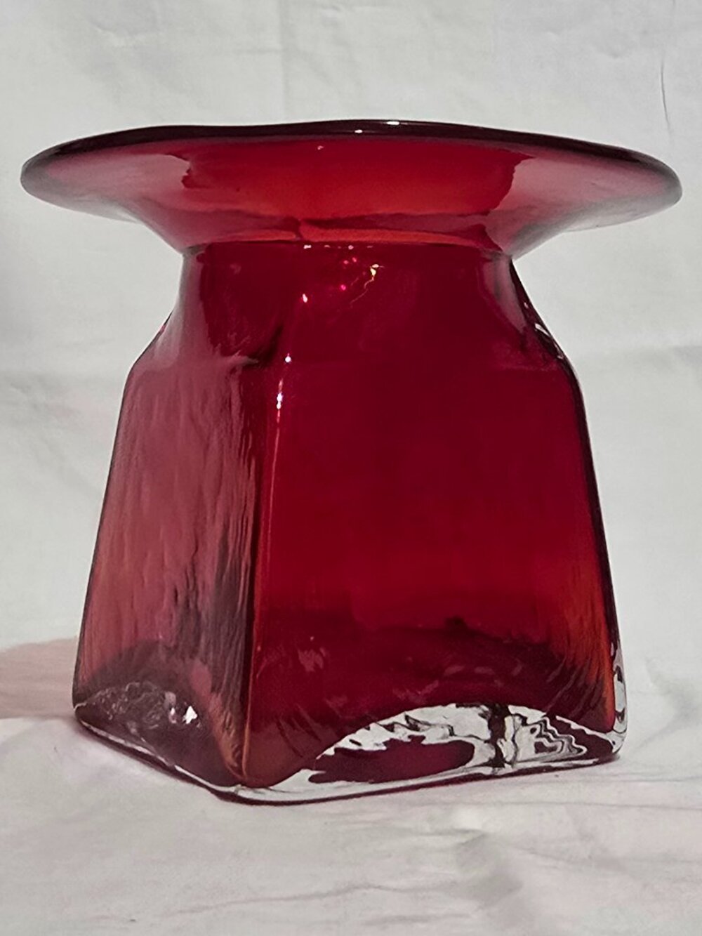 Vintage Hand-Blown Art Glass Ruby Red Clear MCM Vase Square to Round Top
